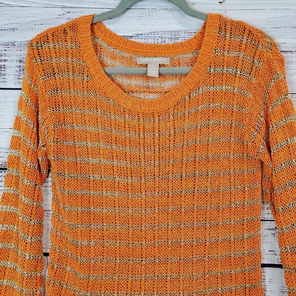 Banana Republic Tunic Crochet Knit Sweater Orange with Gold Metallic Stripes S - Picture 3 of 7